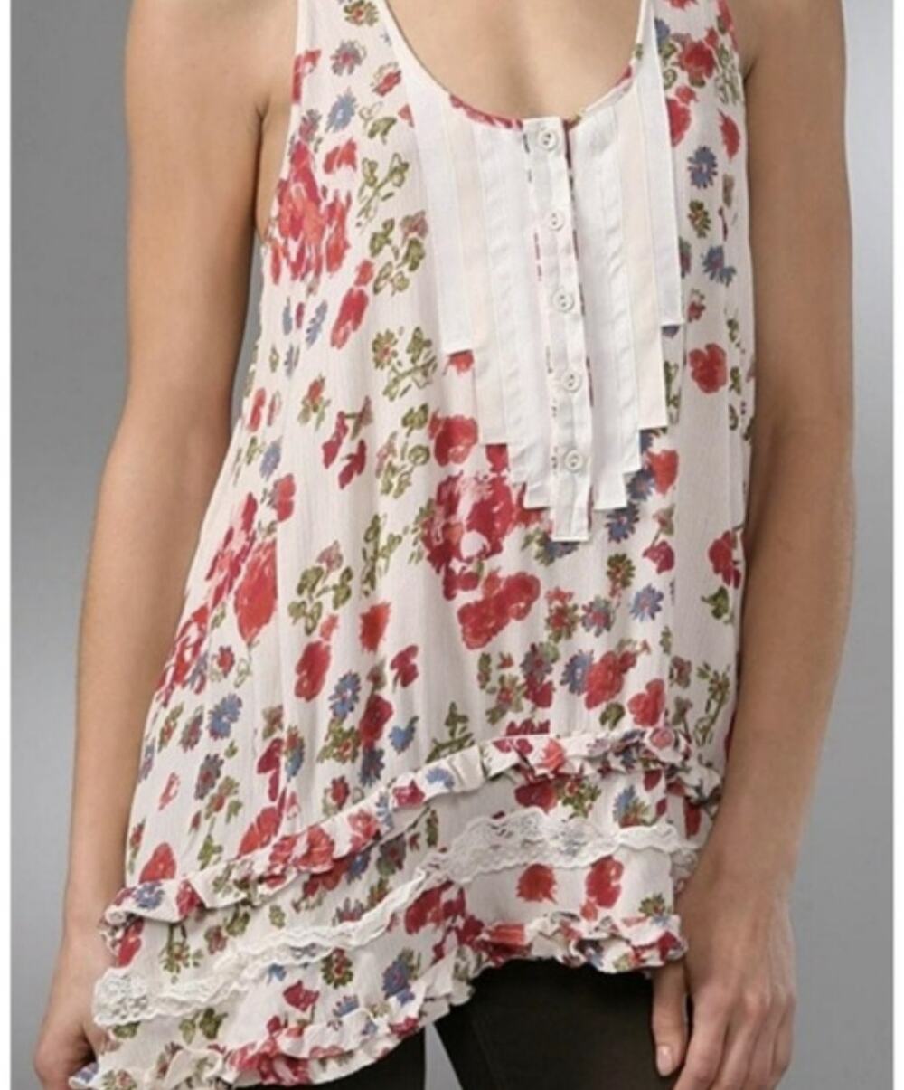 Free People Women's Floral Ruffle Tank Top XS White/Red/Green Racerback Buttons